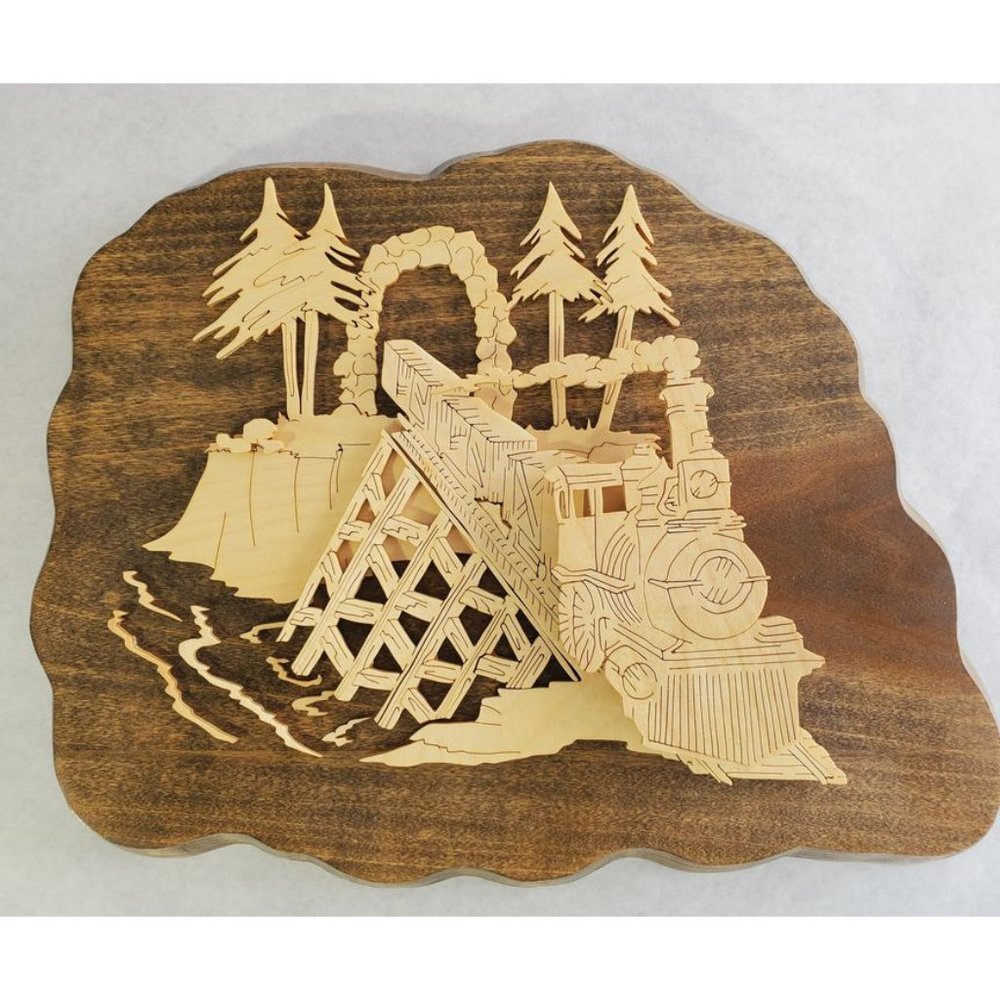 3D Wood Wall Hanging of Train on Trestle - Hand Made - One of a Kind - NEW